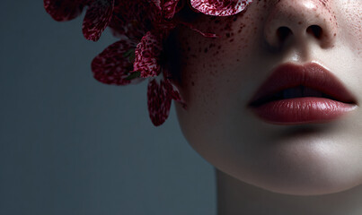 Woman's portrait showing freckles, lips, and red petals blending with skin