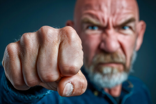 Angry mature man with bald head and beard showing fist in close-up portrait