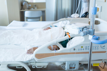 Close up set iv fluid intravenous drop saline drip in hospital room with blurry patient woman on hospital bed.Medical treatment emergency patient.Caregiver and hopeful concept.