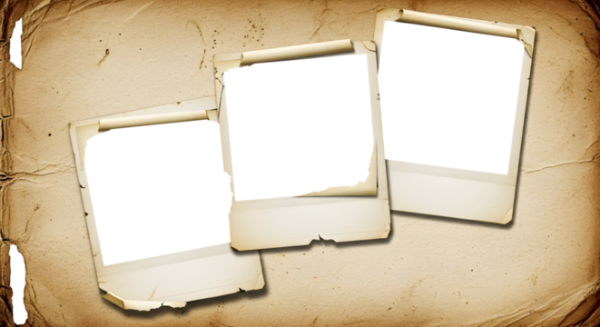 A highly textured and nostalgic background image featuring three blank, heavily distressed instant camera photo frames (polaroids). The frames have torn edges, curled corners, and rough inner black