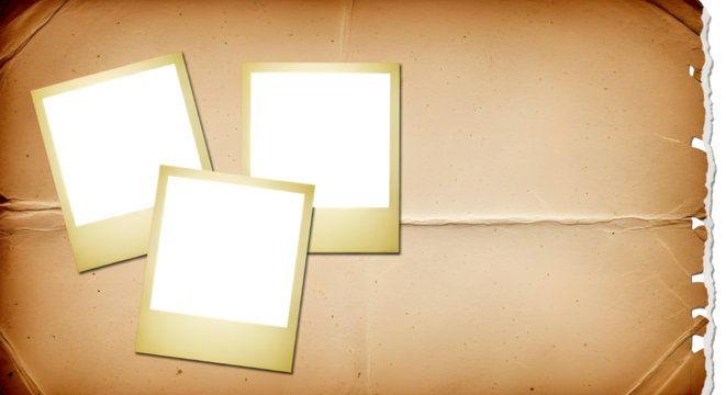 ​A horizontal (landscape) background featuring three blank instant camera photo frames (polaroids) clustered on the left side of a piece of old, folded parchment or paper.