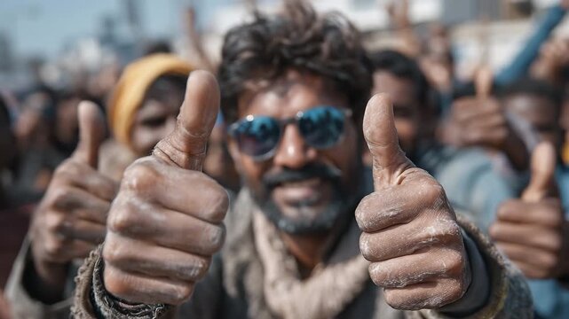 Indian election protesters celebrating with animated thumbs-up gestures in vibrant atmosphere, captured with drone and rack focus techniques
