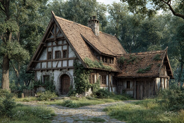 Charming rustic cottage in lush forest surrounded by greenery and blue sky