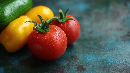 Fresh vegetables including red tomatoes, yellow bell peppers, and a green cucumber on a textured surface. Water droplets are visible on the tomatoes.