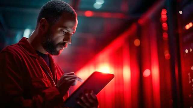 A data center engineer under stark red light coordinates field technicians via a tablet with AI scans hyper realistic error alerts glowing moody shadows on server racks bold