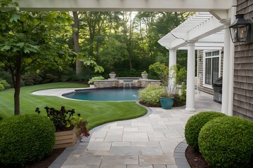 Obraz premium Serene Backyard Oasis with Elegant Hardscaping and Lush Greenery Creating a Tranquil Retreat 