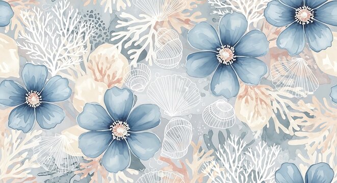 Seamless watercolor floral pattern with blue flowers, white coral, and beige shells creating a delicate and artistic design