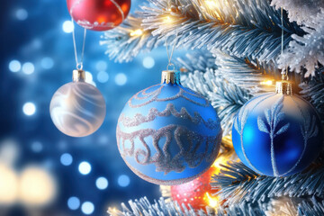 Blaue und rote Christbaumkugeln an verschneitem Tannenzweig mit Lichtern