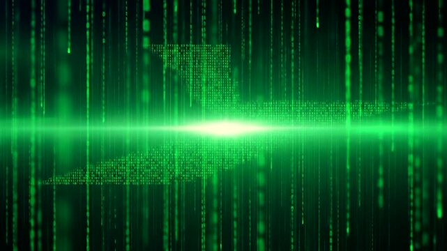 Digital code streams down on a bright green backdrop, reminiscent of binary code