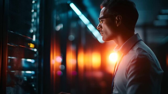 A data center manager under vibrant teal light oversees a technician monitoring system performance hyper realistic bottleneck visuals glowing moody shadows on server racks