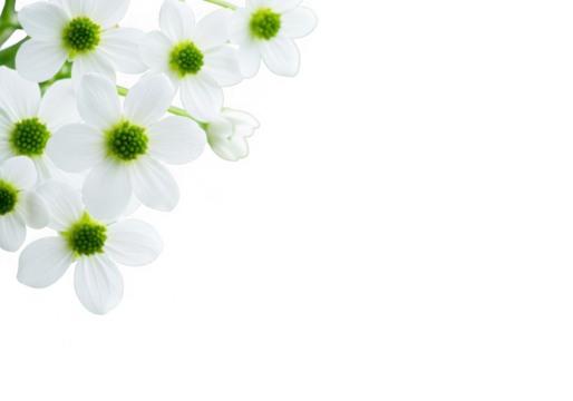 Delicate white flowers with green centers arranged in the corner isolated on transparent background