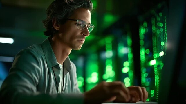 A data center technician under stark green light manages server virtualization hyper realistic scripts glowing on a PC moody shadows on server racks bold colors in network pro