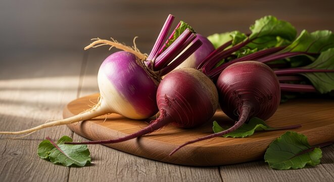 Fresh Beetroots and Turnips: Vibrant, Rustic Still Life on a Wooden Surface