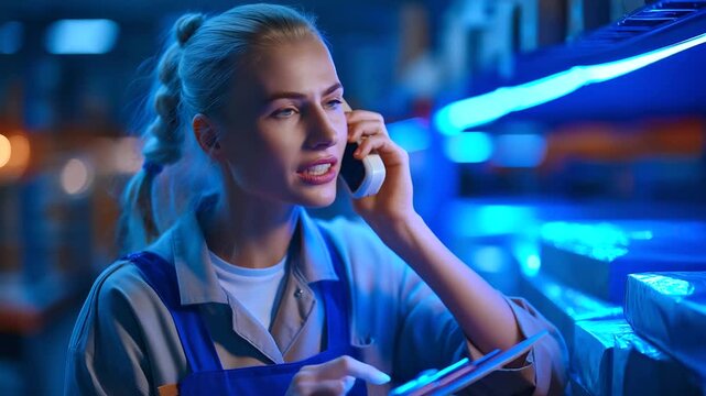 A female depot worker in coveralls under vivid blue light answers a landline hyper realistic inventory lists glowing on a clipboard moody shadows on shelves bold colors in par