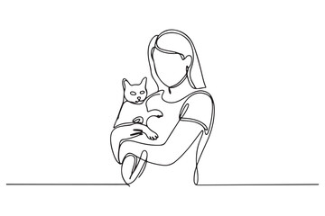 Single one line drawing girl holding her cat. Urban pets concept. Continuous line draw design. one line Icon drawing with white background