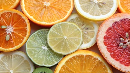 Close-Up of Assorted Fresh Cut Citrus Fruits for Background
