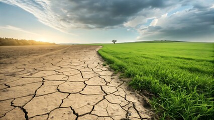 Climate Contrast: Arid, Cracked Earth Next to Lush Green Field