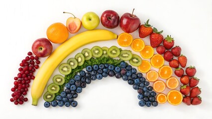 Rainbow Made of Fresh Fruits on a White Background