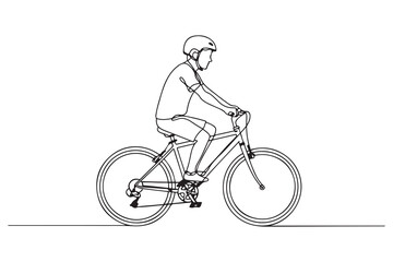 Fototapeta premium Single one line drawing happy boy riding a bike with helmet. World bicycle day concept. one line Icon drawing with white background