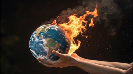Hands Holding a Burning Earth Symbolizing Climate Crisis