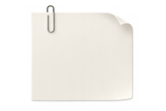 Blank paper note with curled corner and a paper clip attached, empty space for message or reminder