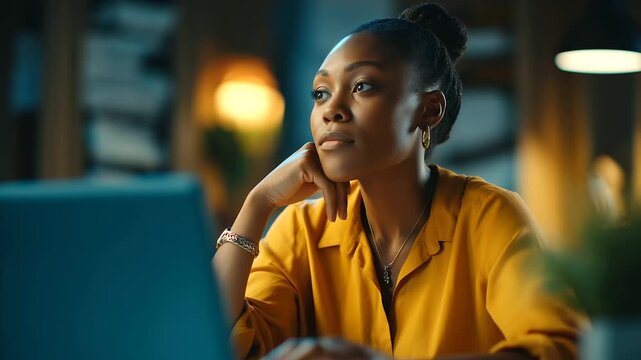 A self employed Black woman under vibrant cyan light manages her business platform on a laptop hyper realistic financial files glowing moody shadows in a cozy home office bold