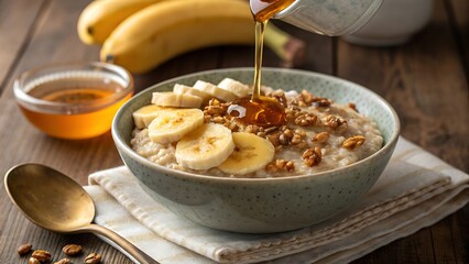 Warm Oatmeal with Banana, Walnuts, and Honey Drizzle for Breakfast