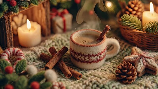Cozy Christmas winter morning with a cup of hot drink and cinnamon  