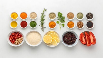 Overhead View of Culinary Ingredients and Herbs in Bowls