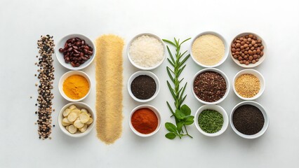 Assortment of Spices, Grains, and Flavorings on White Background