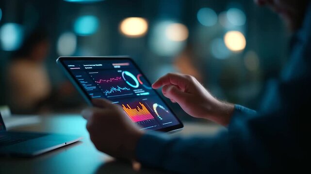 A social media manager under bold cyan light tracks user engagement on a tablet hyper realistic analytics visuals glowing moody shadows on a vibrant desk bright saturation