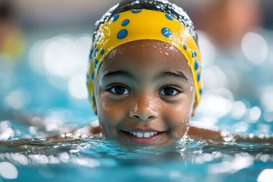 Happy young child swimming enjoying water in a pool - Powered by Adobe