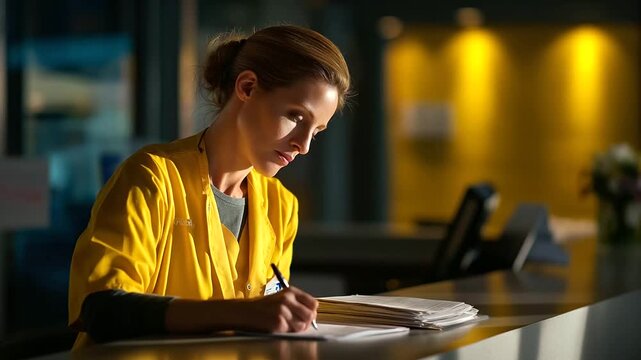 A woman at a hospital counter under stark yellow light organizes medical records on a computer hyper realistic patient data glowing moody shadows on a reception desk bold