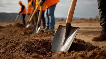 Construction workers in orange vests dig into the earth with shovels