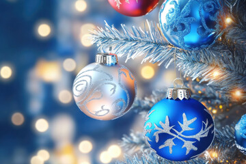 Blaue und silberne Weihnachtskugeln mit Glitzermuster an verschneitem Tannenzweig