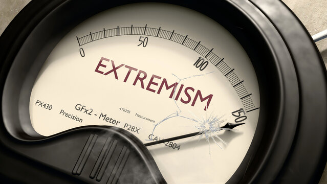 Extremism meter showing high levels of extremism. Dangerously increasing values of extremism, critical overload. Too much, off the charts. Max extremism ,3d illustration