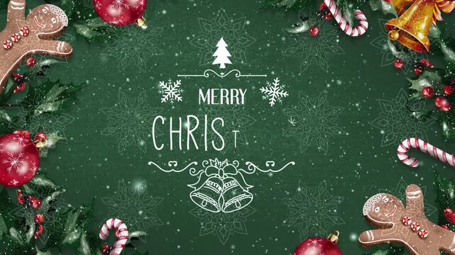 Animated Merry Christmas Greeting on a Green Background with Festive Decorations and Snowfall.