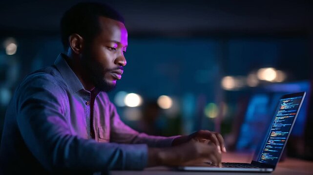 An African American IT professional under stark purple light develops AI software for machine learning hyper realistic terminal code glowing moody shadows in a high tech