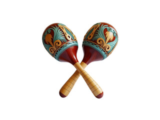 Two ornate wooden maracas crossed, traditional folk percussion instrument