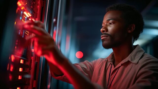 An African American system admin in a data center bathed in stark red light fine tunes IT infrastructure hyper realistic network diagnostics glowing on a screen moody shadows