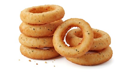 Stack of golden fried onion rings with herbs isolated on transparent background