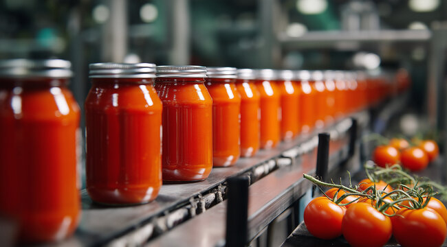 Row of glass jars filled with red tomato sauce on a conveyor belt with fresh tomatoes food production