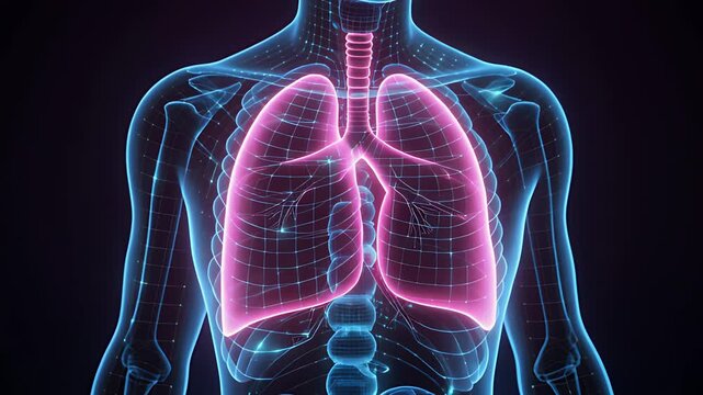 Digital lungs glowing in neon wireframe design.