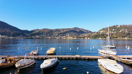 Lake Como Marina with Boats and Hills