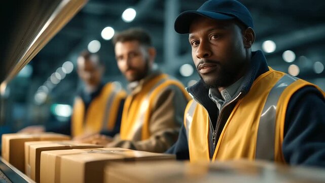 Black warehouse workers under bold yellow light verify shipment goods hyper realistic AWB visuals glowing moody shadows on crates bright saturation in scanners cinematic
