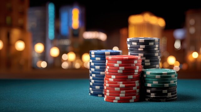 Casino chips stacked on a table with a cityscape background