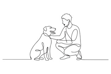 Single one line drawing happy boy with his dog. Urban pets concept. Continuous line draw design. one line Icon drawing with white background