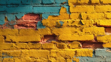 A colorful distressed yellow brick wall with peeling multicolored layers and authentic texture for urban background designs