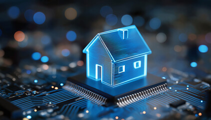 Glowing blue wireframe house sits atop a computer processor chip with blurred bokeh lights home technology