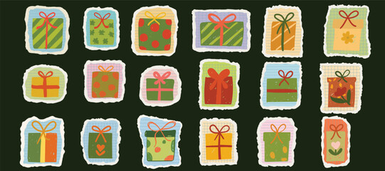 Gift Boxes Sticker Set on Torn Paper